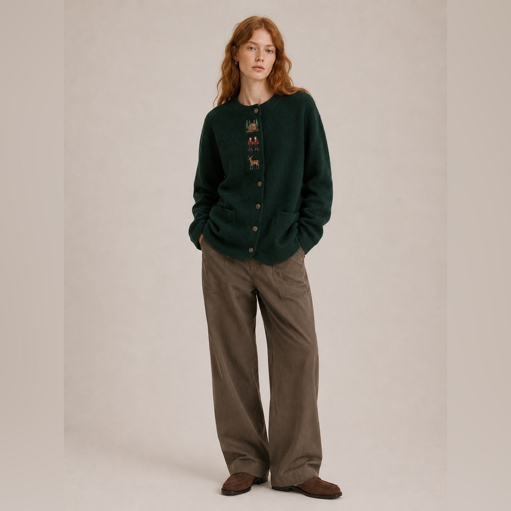 VINTAGE – Dark Green Alpine Embroidered Wool Cardigan
